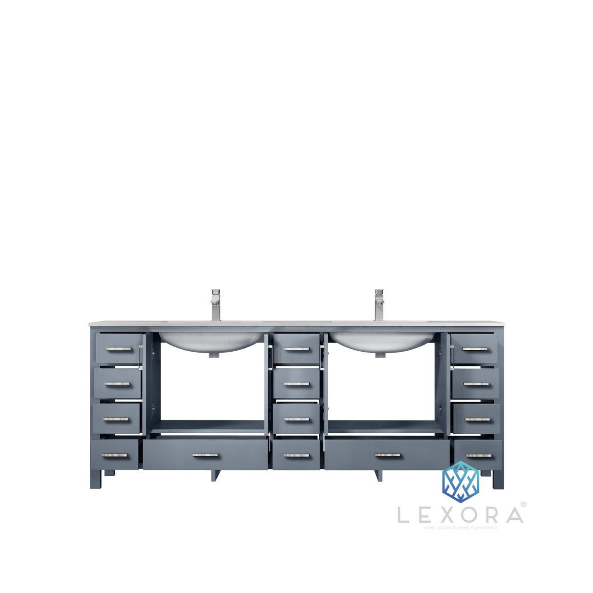 Jacques 84" Dark Grey Double Vanity, White Carrara Marble Top, White Square Sinks and 34" Mirrors w/ Faucets