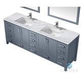 Jacques 84" Dark Grey Double Vanity, White Carrara Marble Top, White Square Sinks and 34" Mirrors