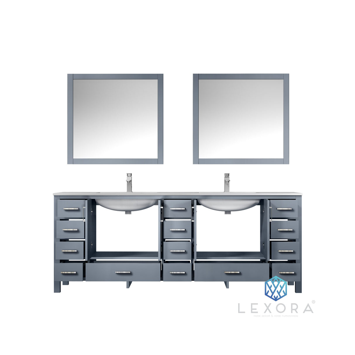 Jacques 84" Dark Grey Double Vanity, White Carrara Marble Top, White Square Sinks and 34" Mirrors w/ Faucets