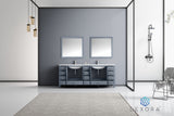 Jacques 84" Dark Grey Double Vanity, White Carrara Marble Top, White Square Sinks and 34" Mirrors w/ Faucets