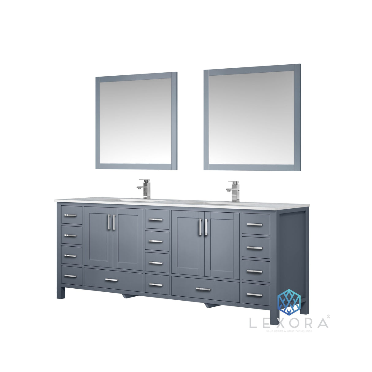 Jacques 84" Dark Grey Double Vanity, White Carrara Marble Top, White Square Sinks and 34" Mirrors w/ Faucets