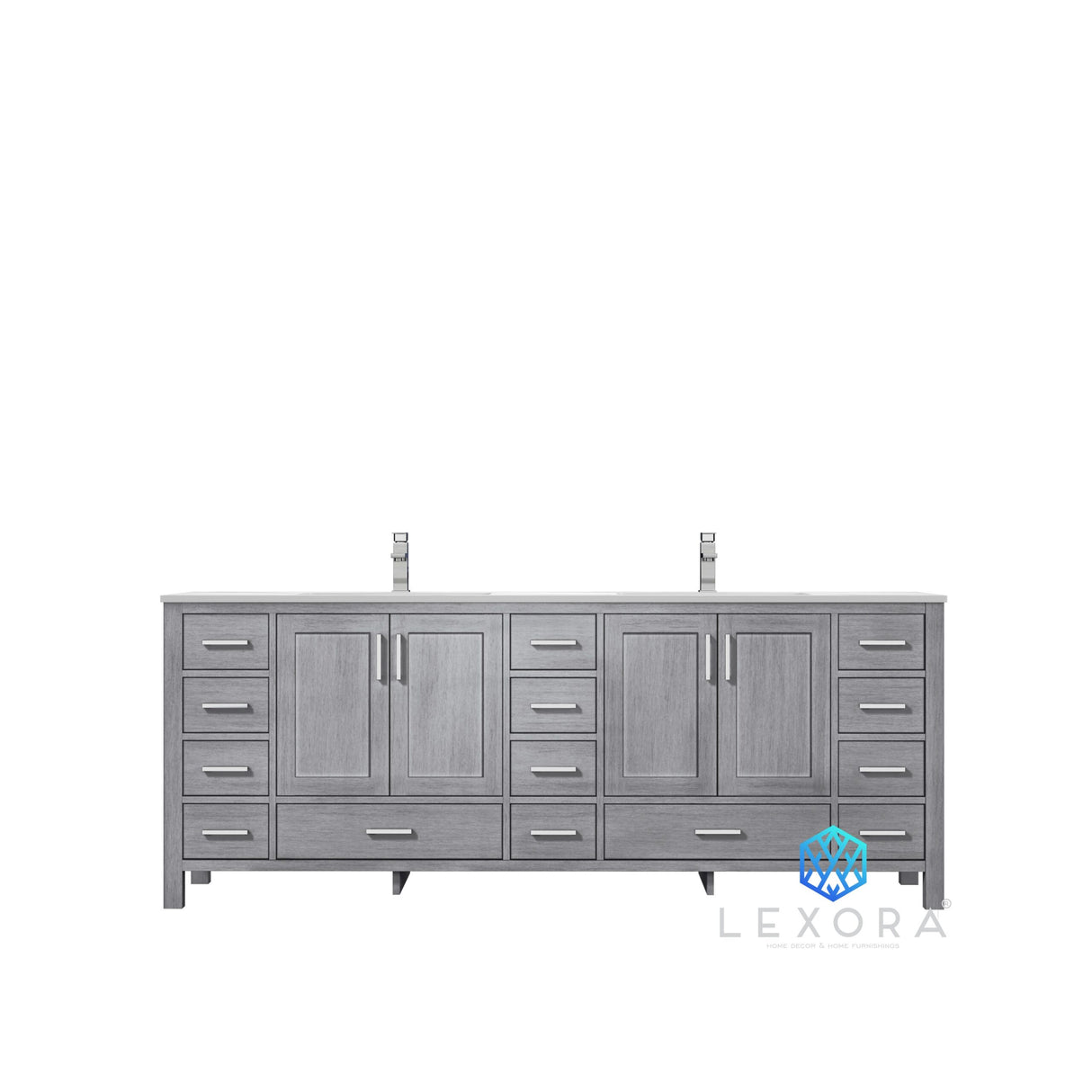 Jacques 84" Distressed Grey Double Vanity, White Carrara Marble Top, White Square Sinks and 34" Mirrors w/ Faucets