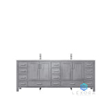 Jacques 84" Distressed Grey Double Vanity, White Carrara Marble Top, White Square Sinks and 34" Mirrors w/ Faucets