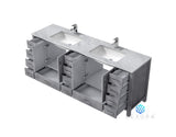 Jacques 84" Distressed Grey Double Vanity, White Carrara Marble Top, White Square Sinks and 34" Mirrors w/ Faucets