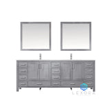 Jacques 84" Distressed Grey Double Vanity, White Carrara Marble Top, White Square Sinks and 34" Mirrors