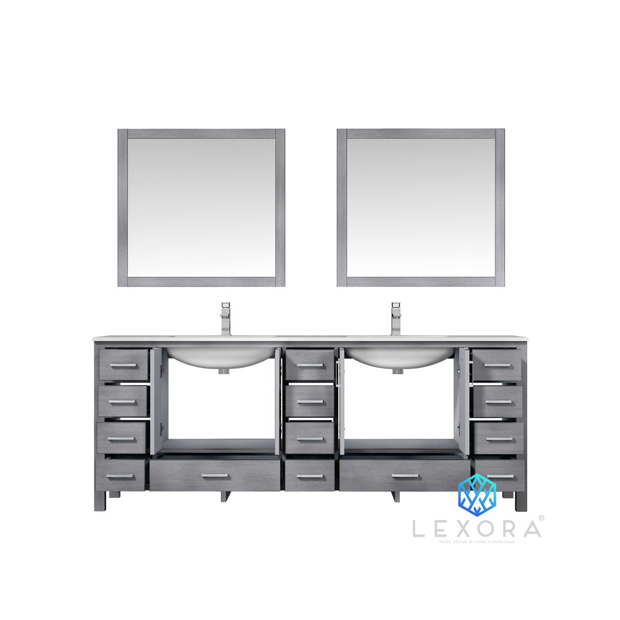 Jacques 84" Distressed Grey Double Vanity, White Carrara Marble Top, White Square Sinks and 34" Mirrors w/ Faucets