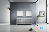Jacques 84" Distressed Grey Double Vanity, White Carrara Marble Top, White Square Sinks and 34" Mirrors w/ Faucets