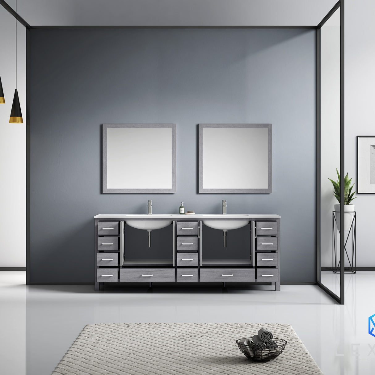 Jacques 84" Distressed Grey Double Vanity, White Carrara Marble Top, White Square Sinks and 34" Mirrors