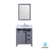 Marsyas 30" Dark Grey Single Vanity, White Carrara Marble Top, White Square Sink and 28" Mirror