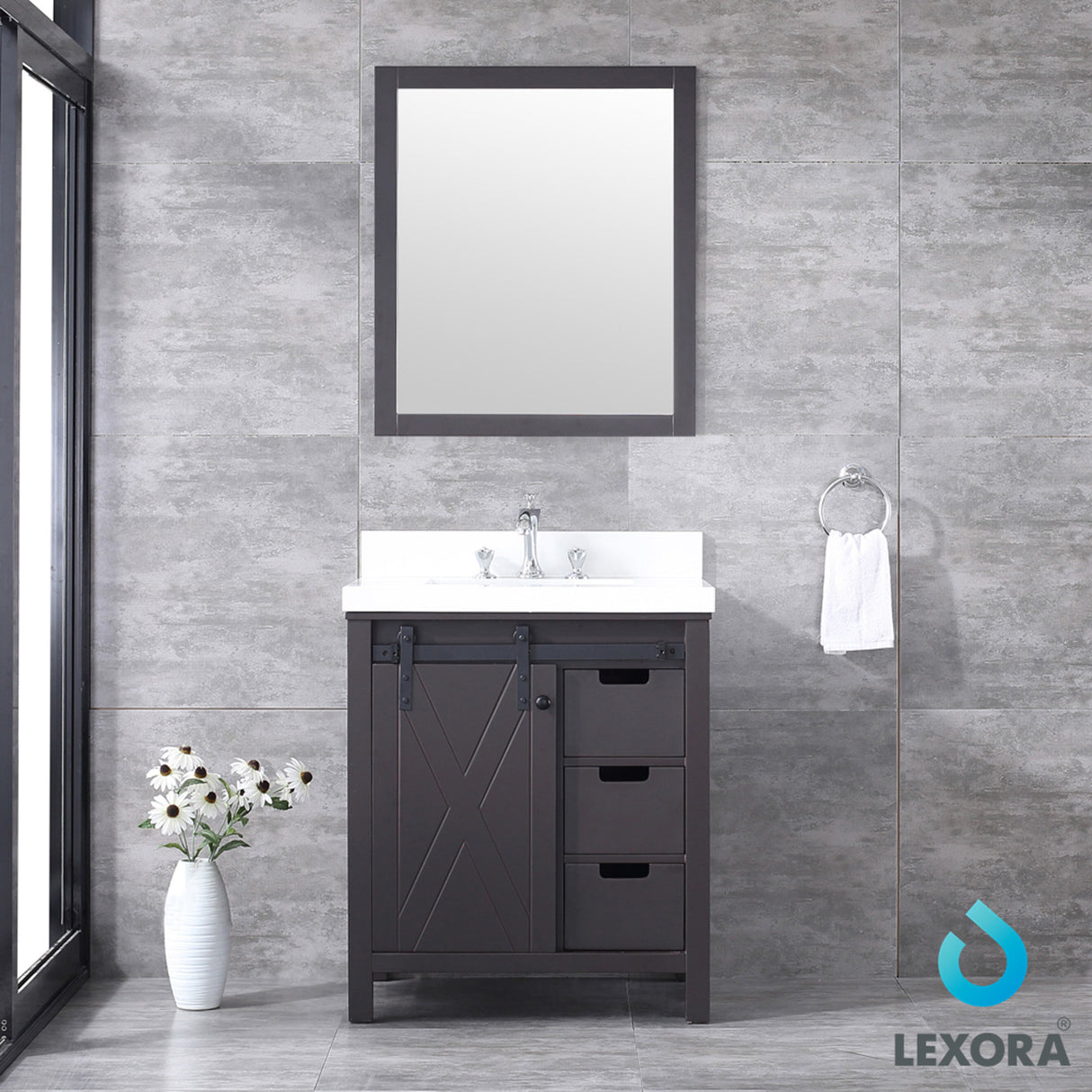 Marsyas 30" Brown Single Vanity, White Quartz Top, White Square Sink and 28" Mirror