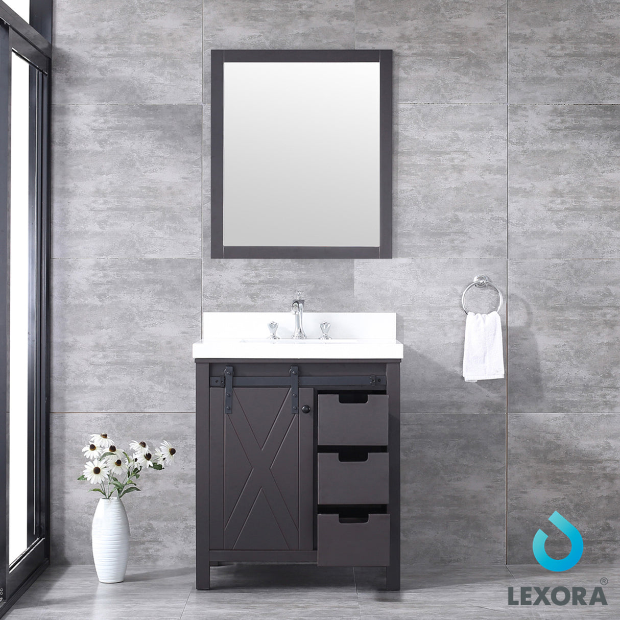 Marsyas 30" Brown Single Vanity, White Quartz Top, White Square Sink and 28" Mirror