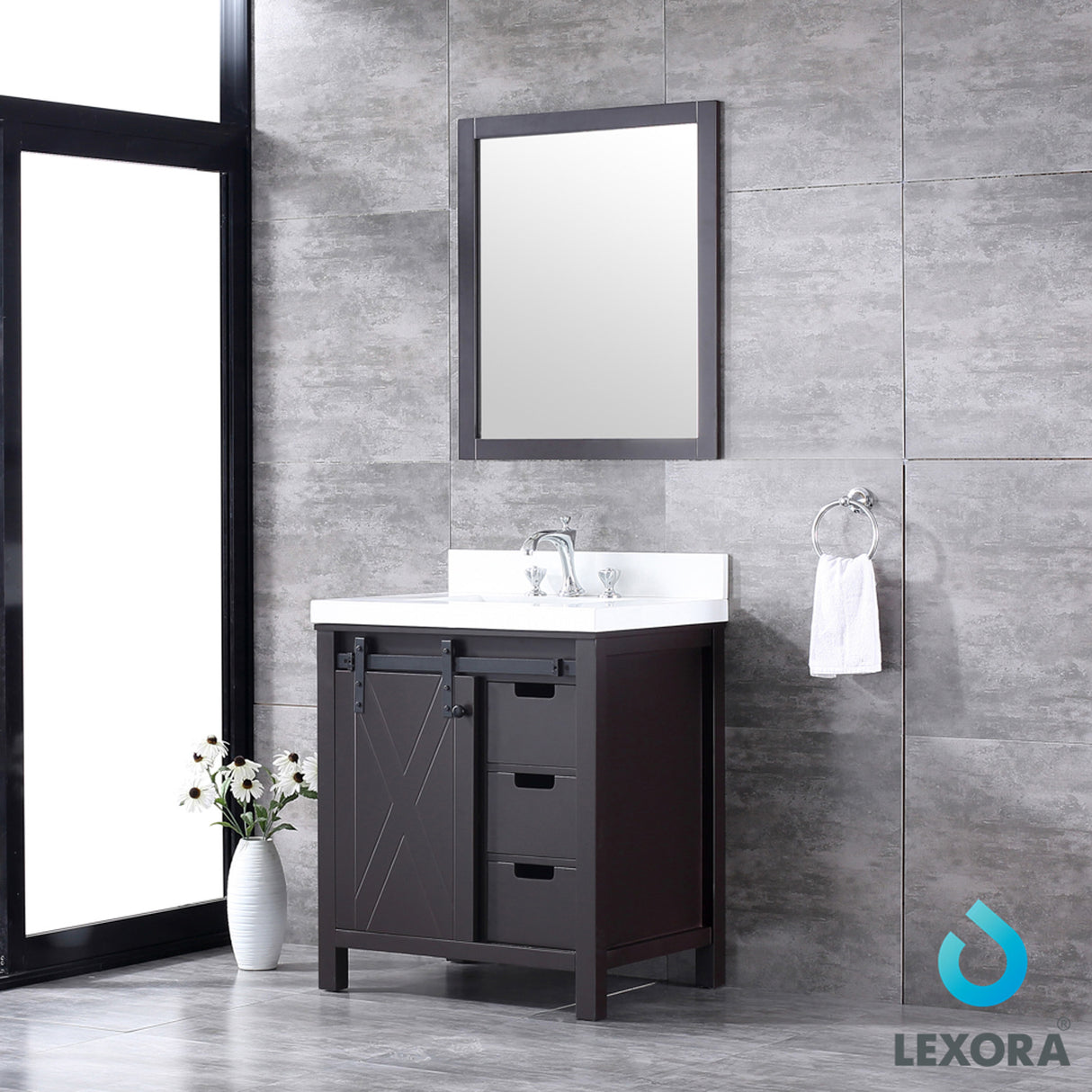 Marsyas 30" Brown Single Vanity, White Quartz Top, White Square Sink and 28" Mirror