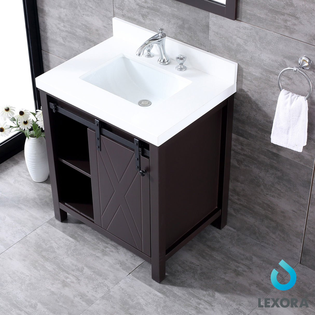 Marsyas 30" Brown Single Vanity, White Quartz Top, White Square Sink and 28" Mirror
