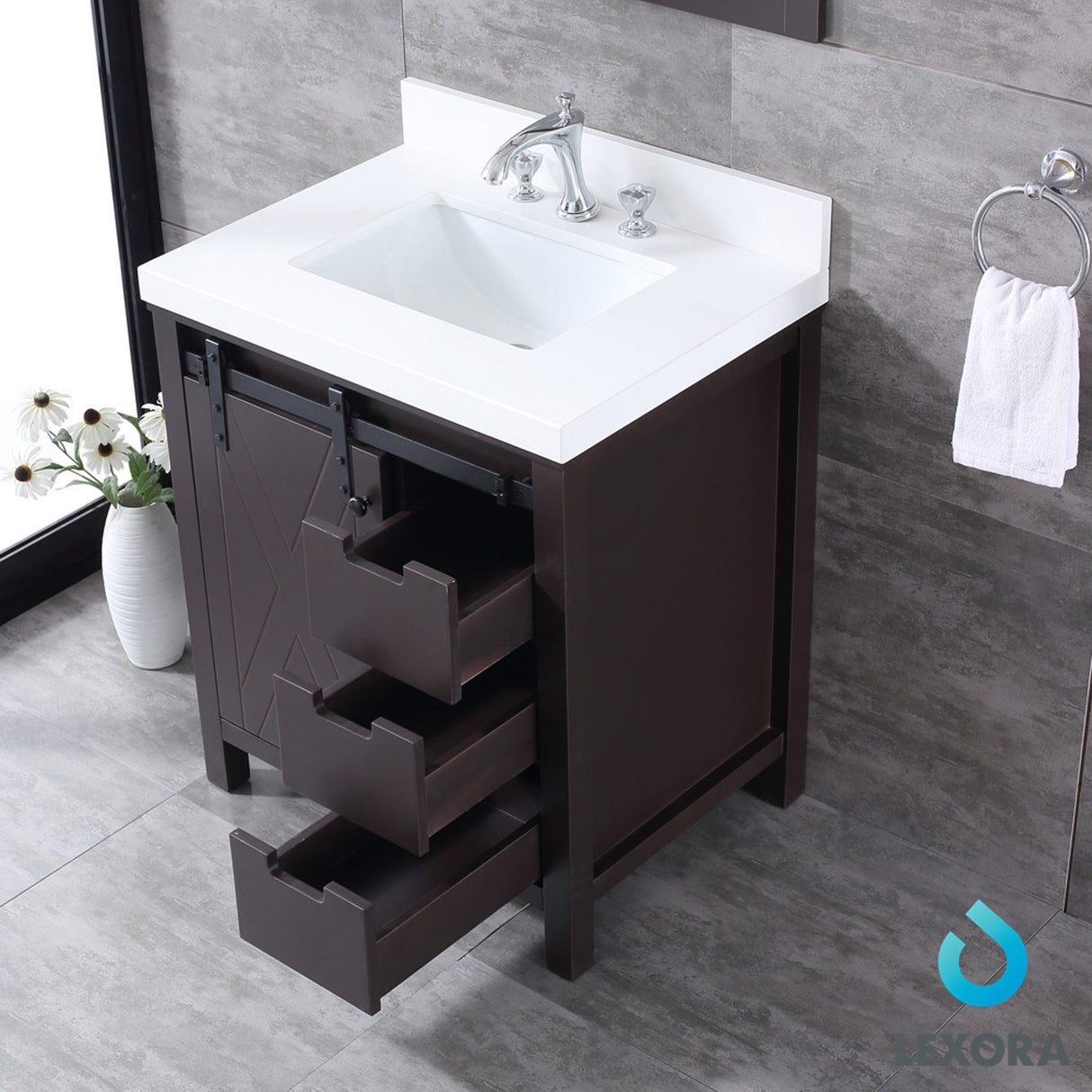 Marsyas 30" Brown Single Vanity, White Quartz Top, White Square Sink and 28" Mirror