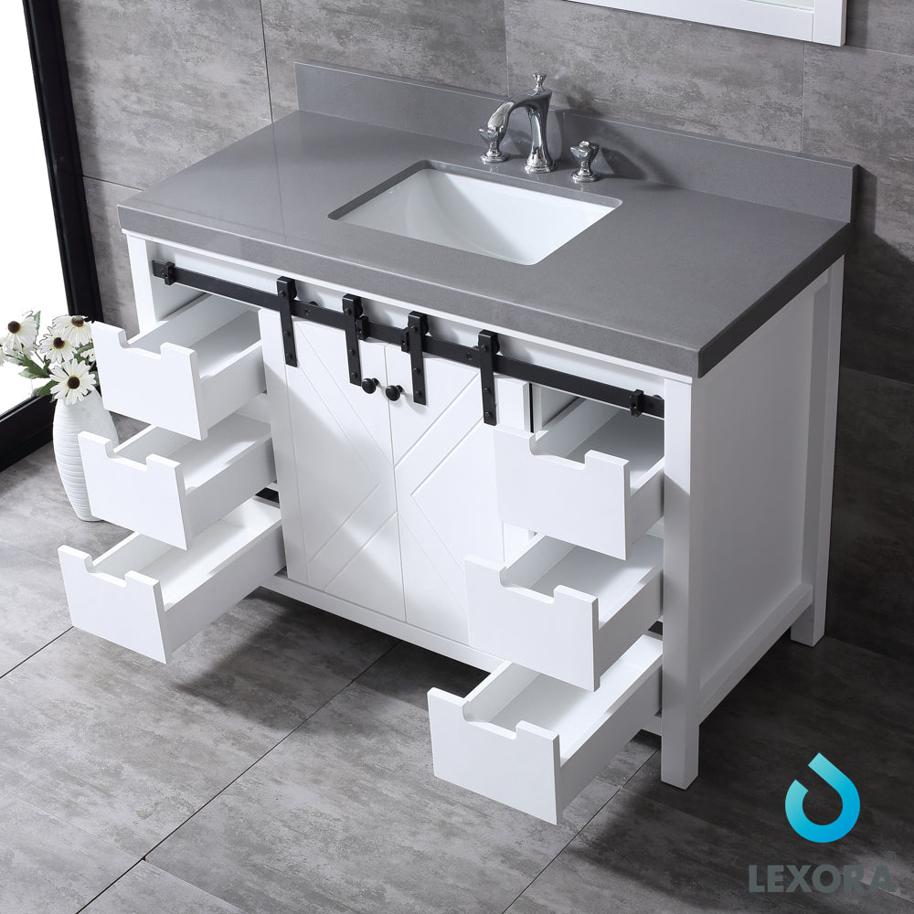 Marsyas 48" White Single Vanity, Grey Quartz Top, White Square Sink and 44" Mirror w/ Faucet