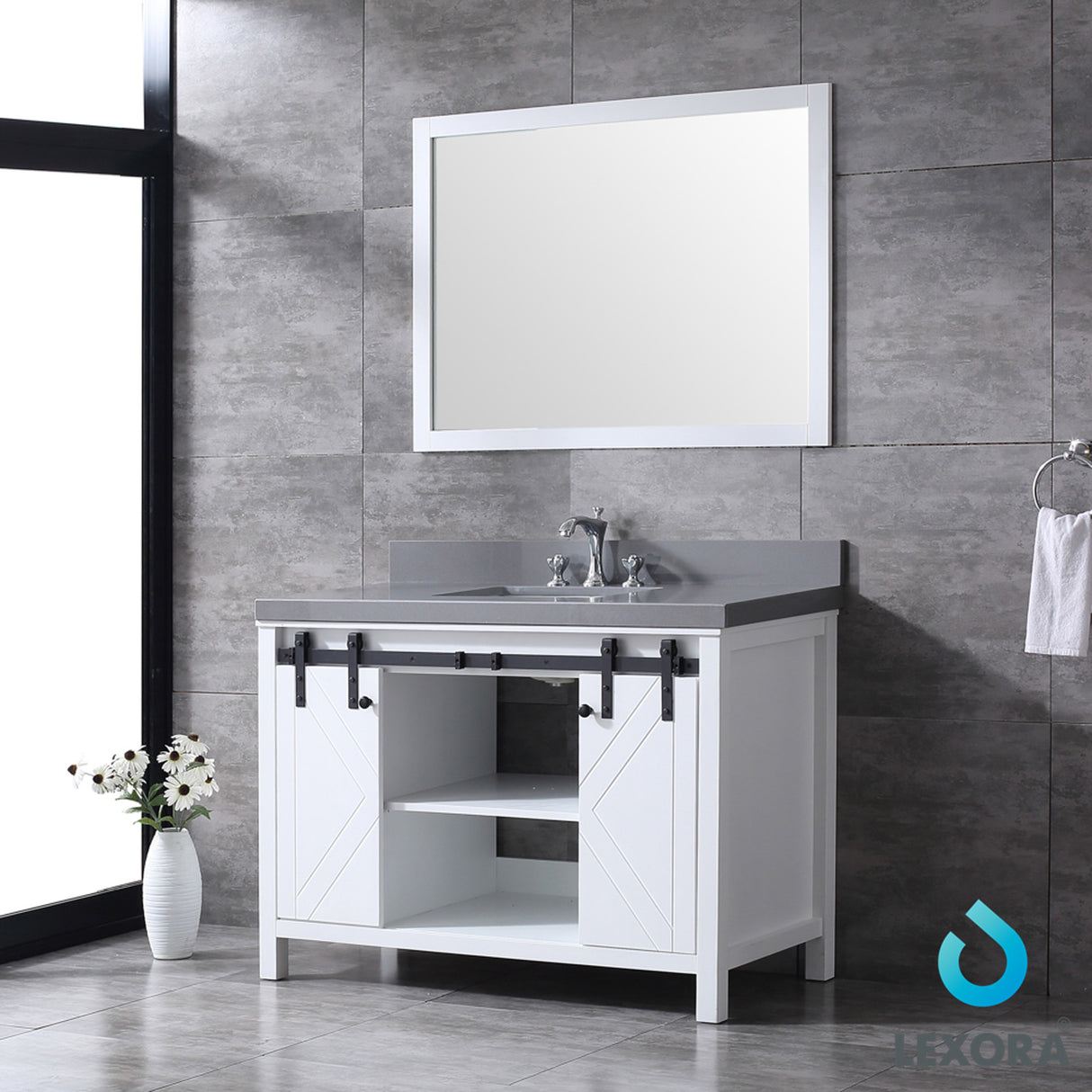 Marsyas 48" White Single Vanity, Grey Quartz Top, White Square Sink and 44" Mirror