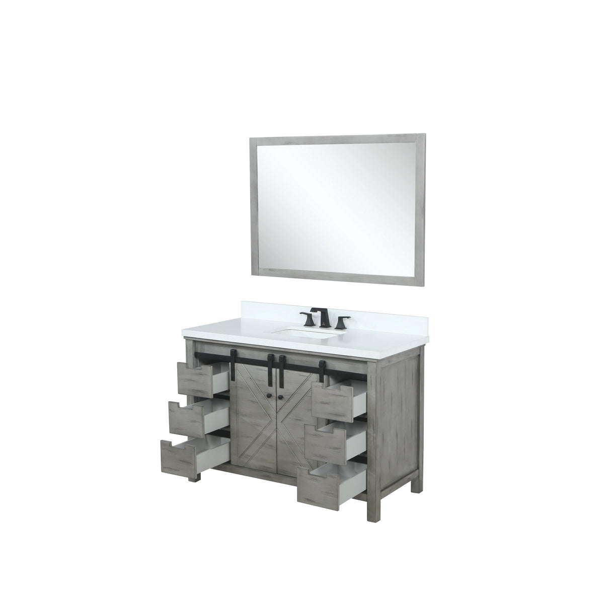Marsyas 48" Ash Grey Single Vanity, White Quartz Top, White Square Sink and 44" Mirror w/ Faucet