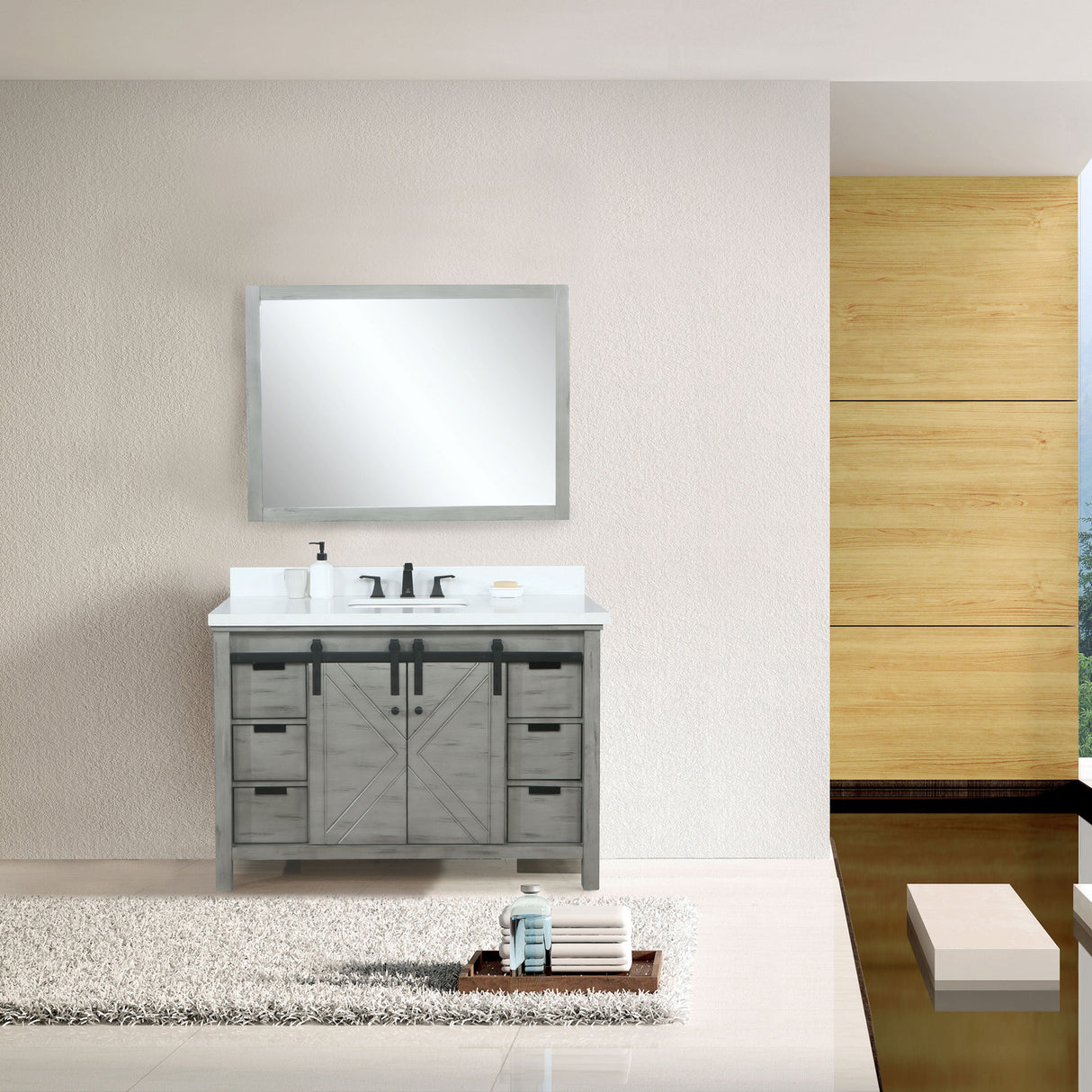 Marsyas 48" Ash Grey Single Vanity, White Quartz Top, White Square Sink and 44" Mirror