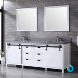 Marsyas 84" White Double Vanity, Grey Quartz Top, White Square Sinks and 34" Mirrors w/ Faucets