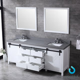 Marsyas 84" White Double Vanity, Grey Quartz Top, White Square Sinks and 34" Mirrors w/ Faucets