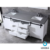 Marsyas 84" White Double Vanity, Grey Quartz Top, White Square Sinks and 34" Mirrors w/ Faucets