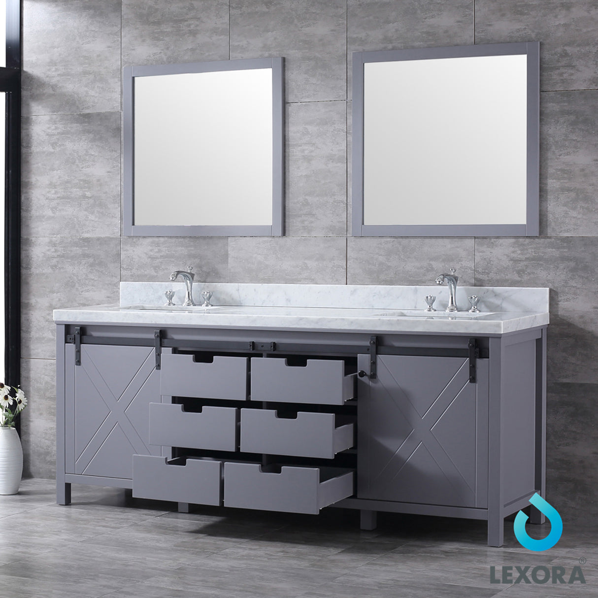 Marsyas 84" Dark Grey Double Vanity, White Carrara Marble Top, White Square Sinks and 34" Mirrors