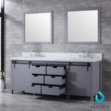 Marsyas 84" Dark Grey Double Vanity, White Carrara Marble Top, White Square Sinks and 34" Mirrors