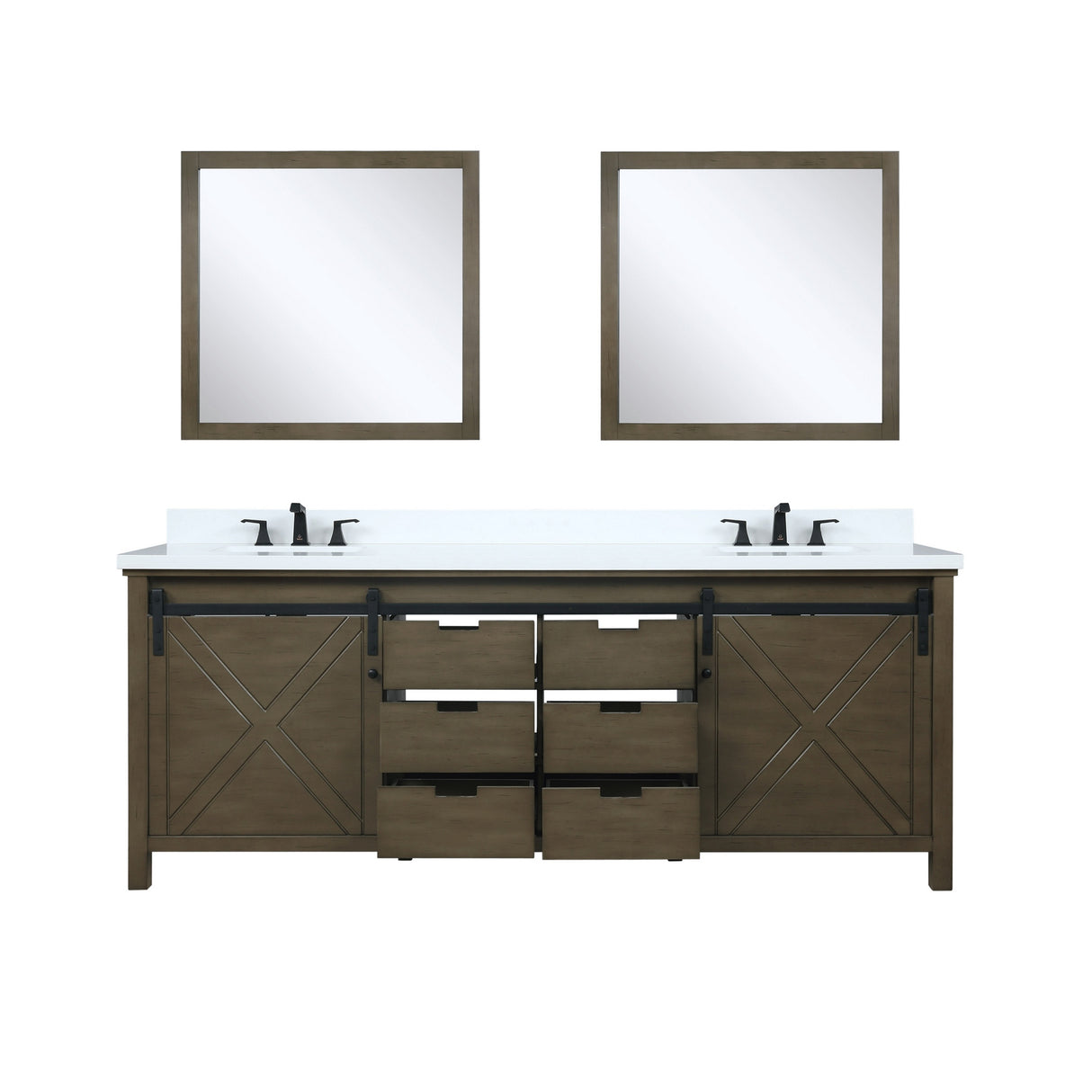 Marsyas 84" Brown Double Vanity, White Quartz Top, White Square Sinks and 34" Mirrors