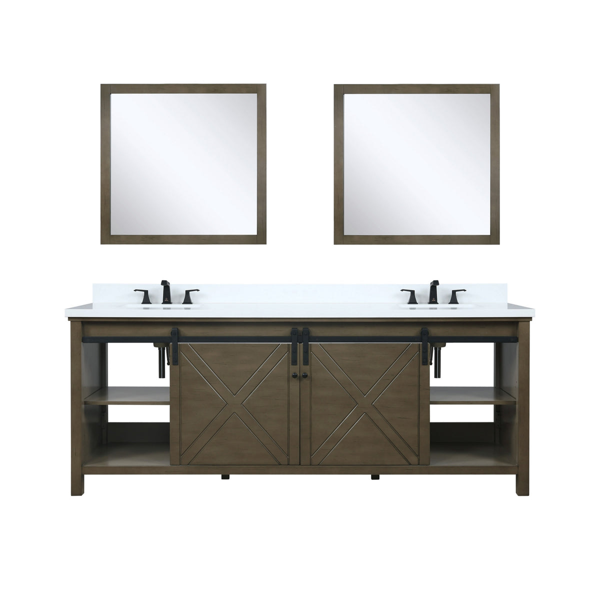 Marsyas 84" Brown Double Vanity, White Quartz Top, White Square Sinks and 34" Mirrors