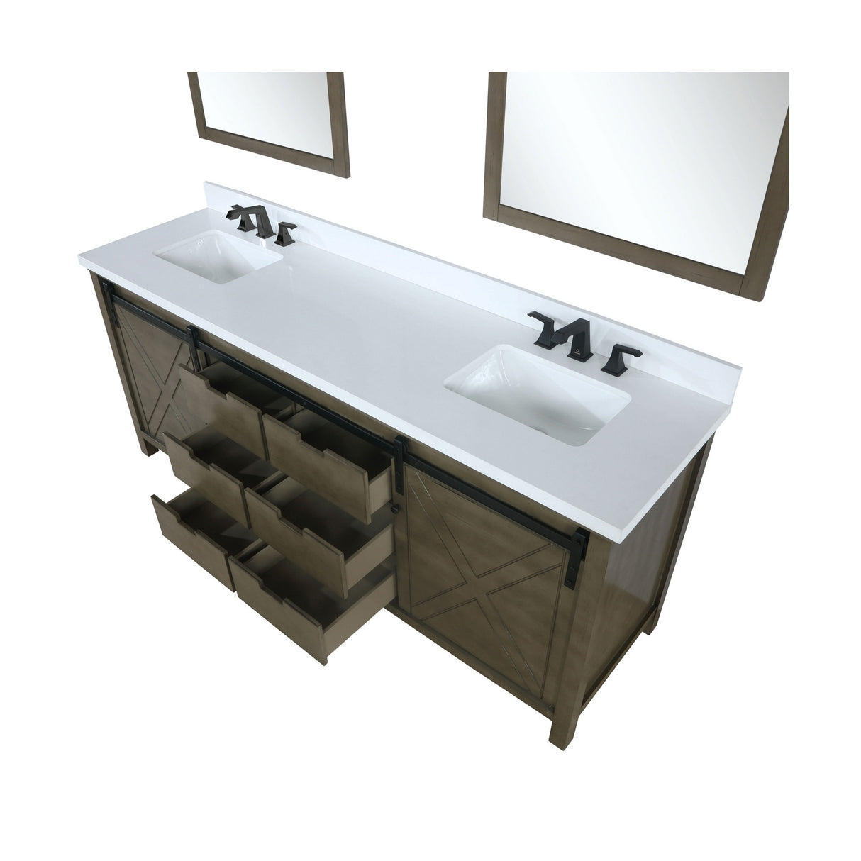 Marsyas 84" Brown Double Vanity, White Quartz Top, White Square Sinks and 34" Mirrors