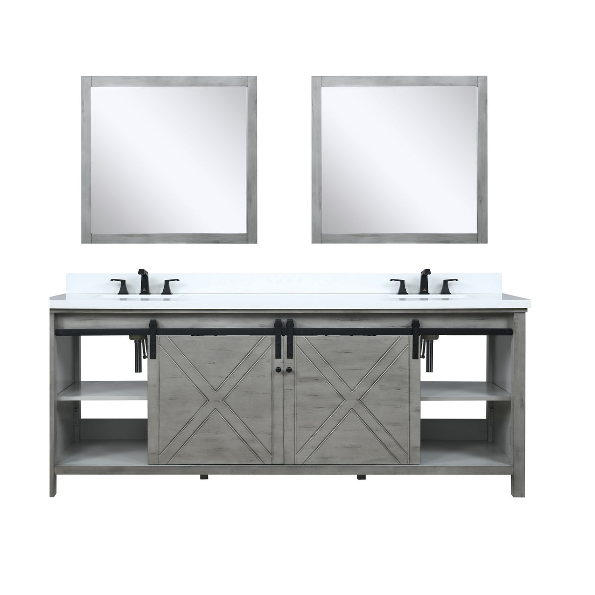 Marsyas 84" Ash Grey Double Vanity, White Quartz Top, White Square Sinks and 34" Mirrors