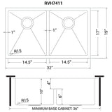 Low-Divide Undermount Tight Radius 50/50 Double Bowl 16 Gauge Stainless Steel Kitchen Sink