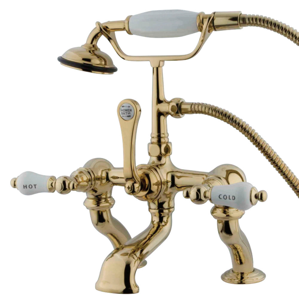 Vintage 7" Deck Mount Tub Faucet With Hand Shower, H&C Porcelain Lever Handle