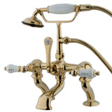 Vintage 7" Deck Mount Tub Faucet With Hand Shower, H&C Porcelain Lever Handle