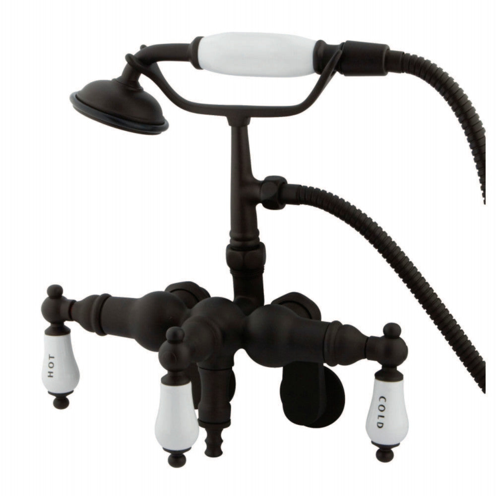 Vintage Adjustable Center Wall Mount Tub Faucet With Hand Shower, H&C Porcelain Lever