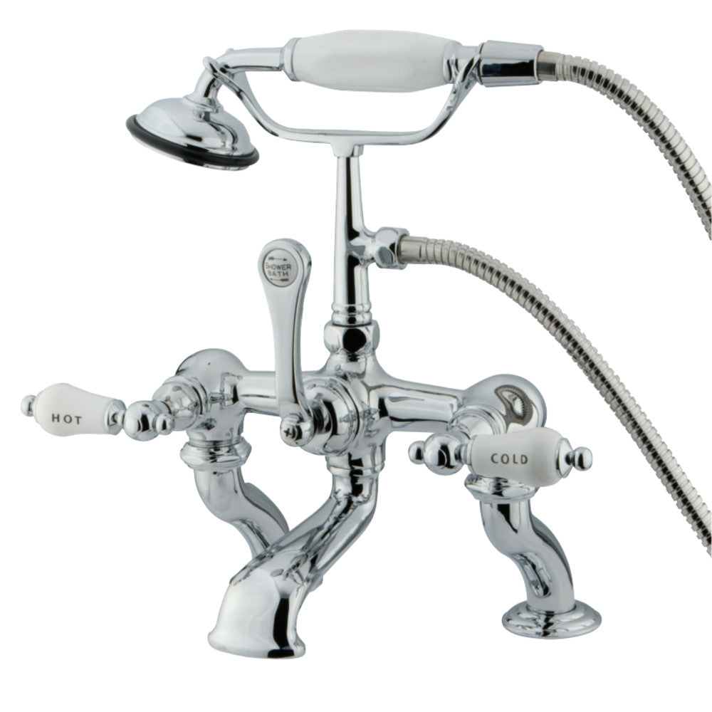 Vintage 7" Deck Mount Tub Faucet With Hand Shower, H&C Porcelain Lever Handle
