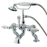 Vintage 7" Deck Mount Tub Faucet With Hand Shower, H&C Porcelain Lever Handle
