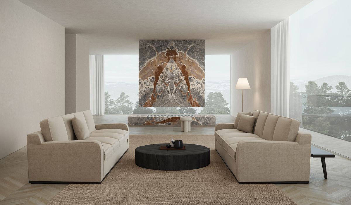 Macchia Vecchia bookmatch slabs on a living room wall