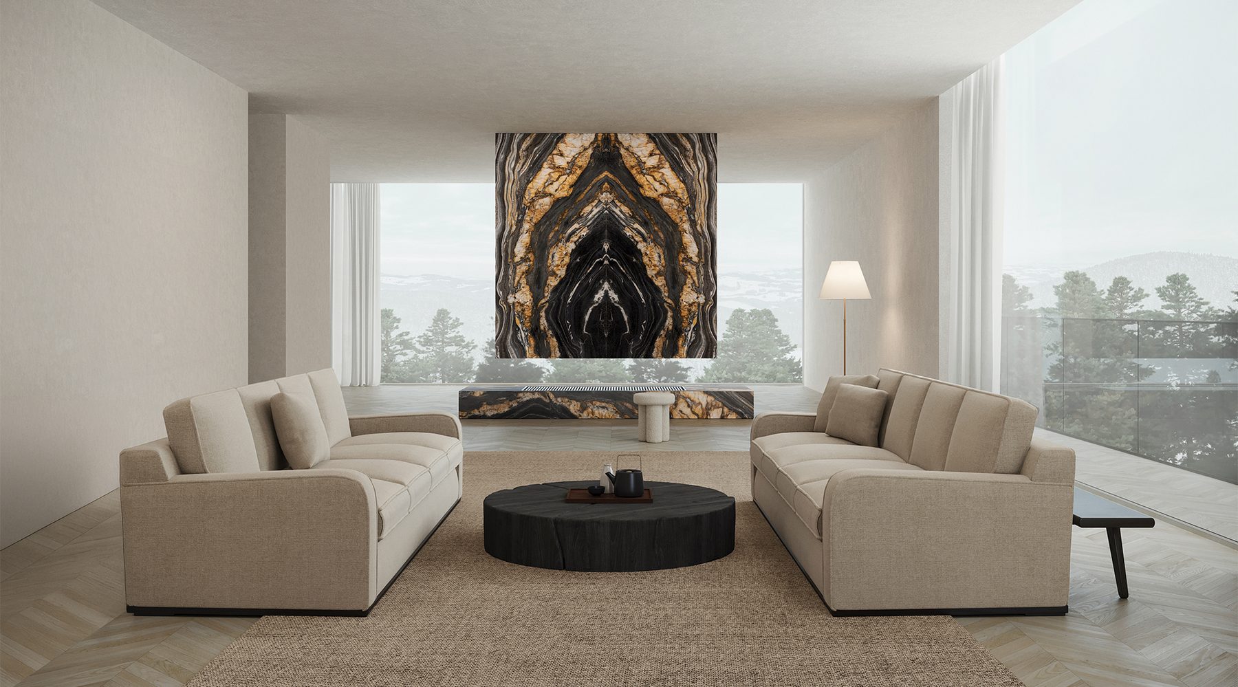 Oro Noir bookmatch porcelain slab feature wall in a living room