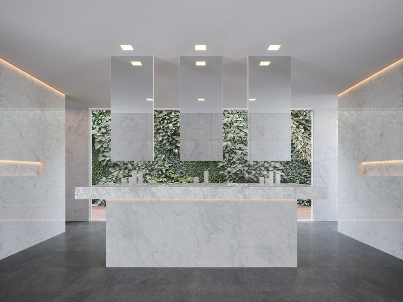 Islands and vanity blocks with mitred edges, shown in Bianco Gioia