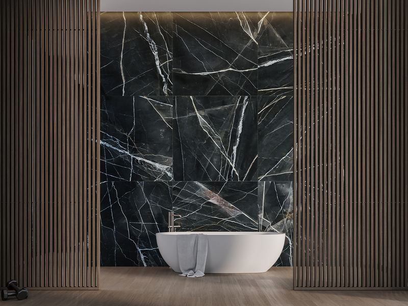 Statement wall behind a tub, shown in Calacatta Noir