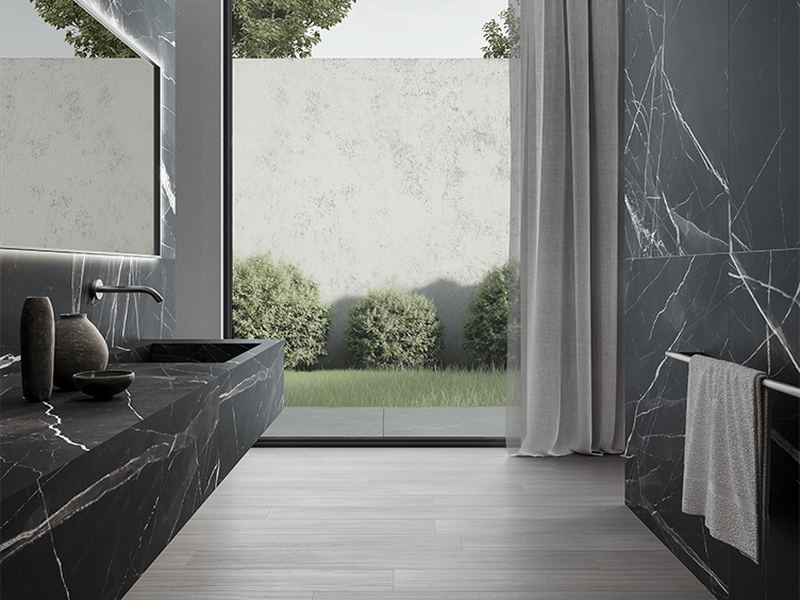 Vanity tops, shown in Calacatta Noir