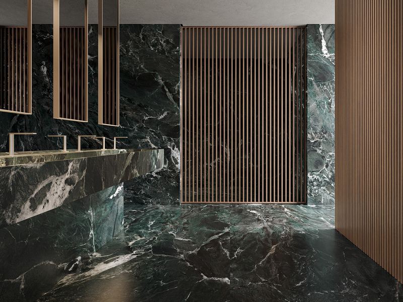 Floor, walls and counter in one look, shown in Verdi Alpi